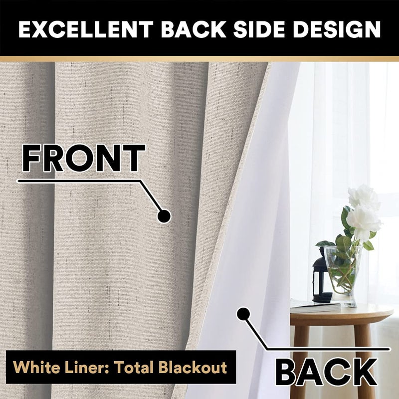 PrinceDeco 100% Blackout Linen Curtains 84 inch Long Rod Pocket Blackout Linen Curtains Panels with White Liner Energy Saving Curtains for Bedroom, Set of 2(52 x 84 inch, Natural) - Image 4